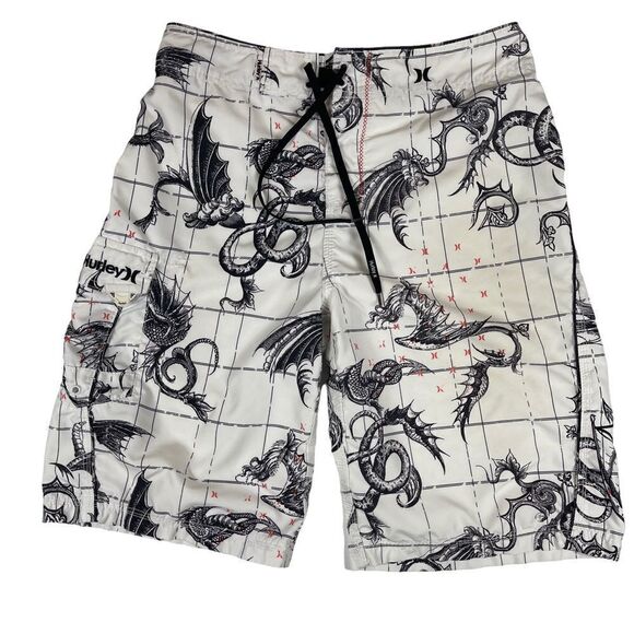 Hurley Dragon Print Swim Trunks Board Shorts White Black Bathing Suit Men's M - Picture 1 of 8